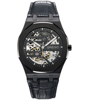 GREGIO The Skeleton Automatic Black Leather Strap GM100050