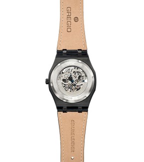 GREGIO The Skeleton Automatic Black Leather Strap GM100050