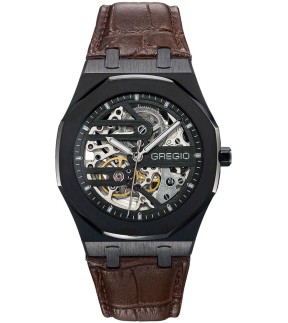 GREGIO Skeleton Automatic Brown Leather Strap GM100051