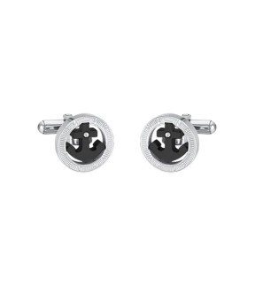 LUCA BARRA Silver-Black Stainless Steel Cufflinks GE144