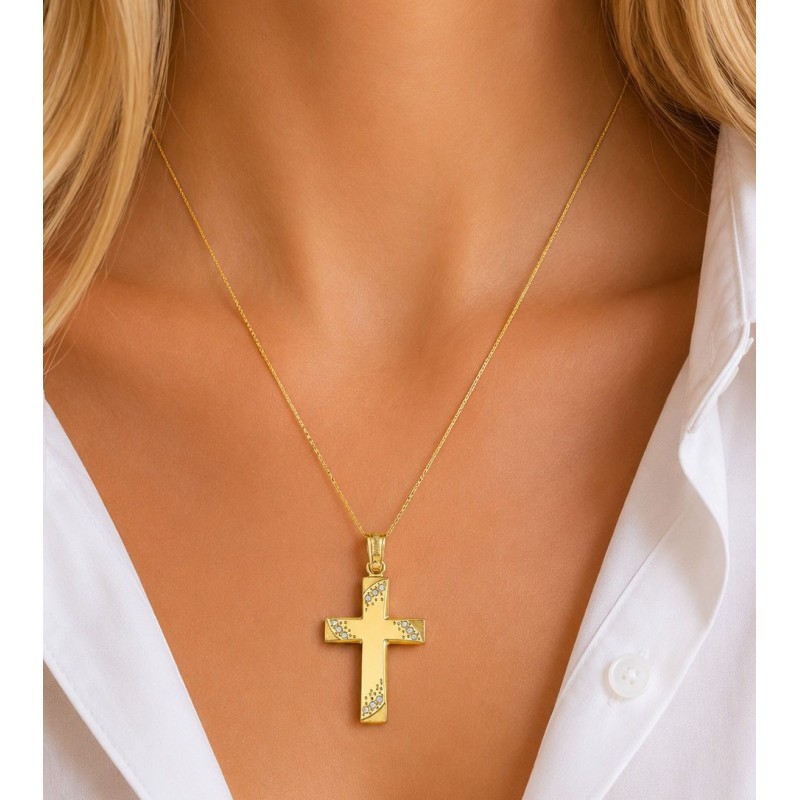 TRIANTOS Woman Cross Yellow Gold 14Ct With White Zircon Stones