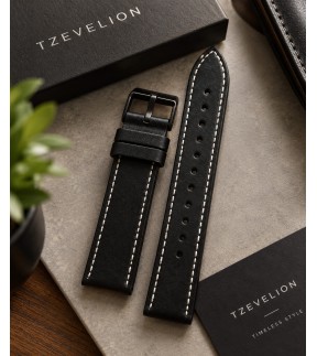 TZEVELION Black Leather Strap With White Stitching 24mm