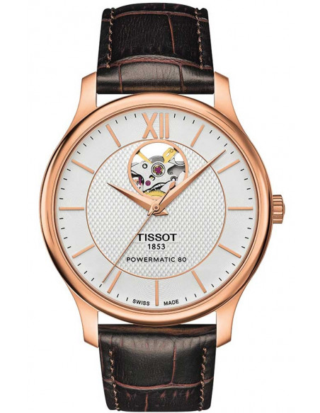 TISSOT Tradition Powermatic 80 Open Heart Brown Leather Strap T0639073603800