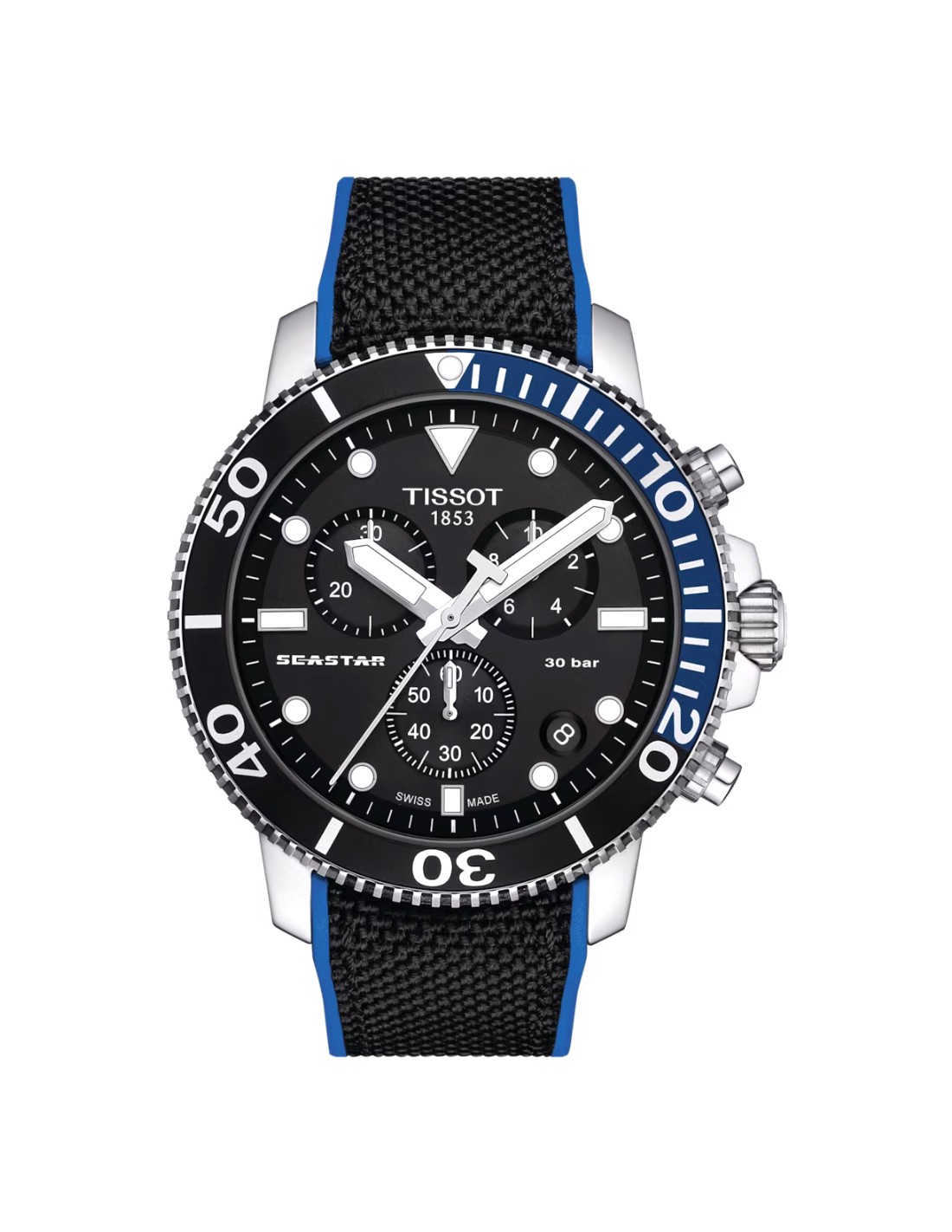 TISSOT Seastar 1000 Chronograph Black Blue Fabric Rubber Strap