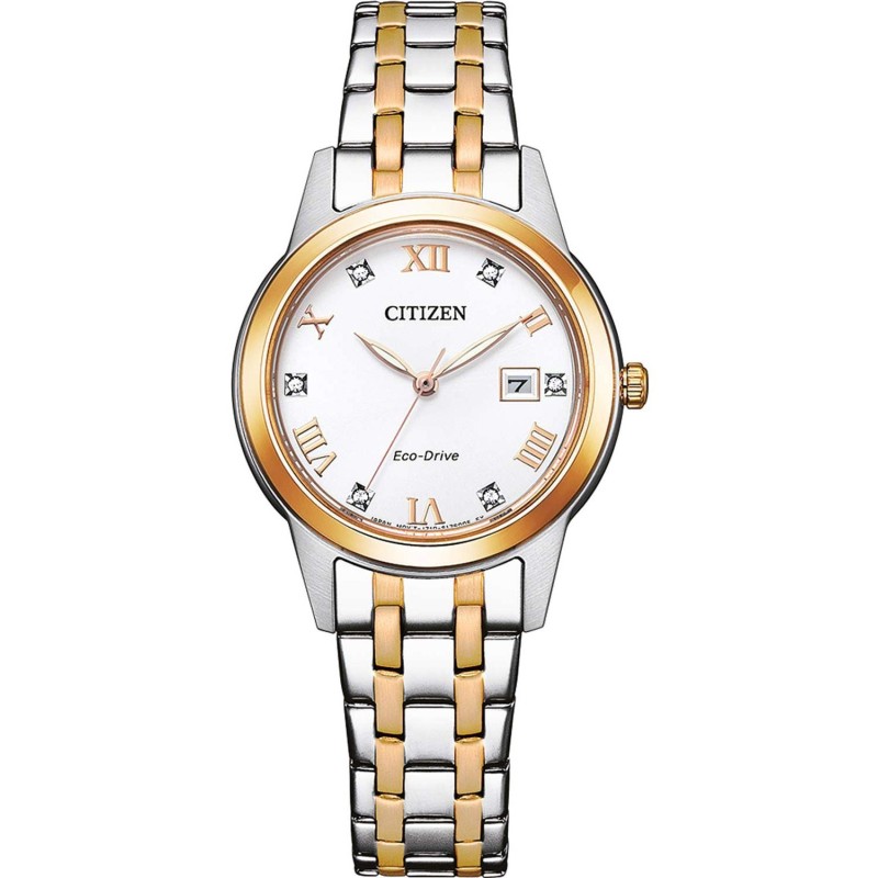 CITIZEN Eco Drive Rose Gold Silver Stainless Steel Bracelet FE1246 85A