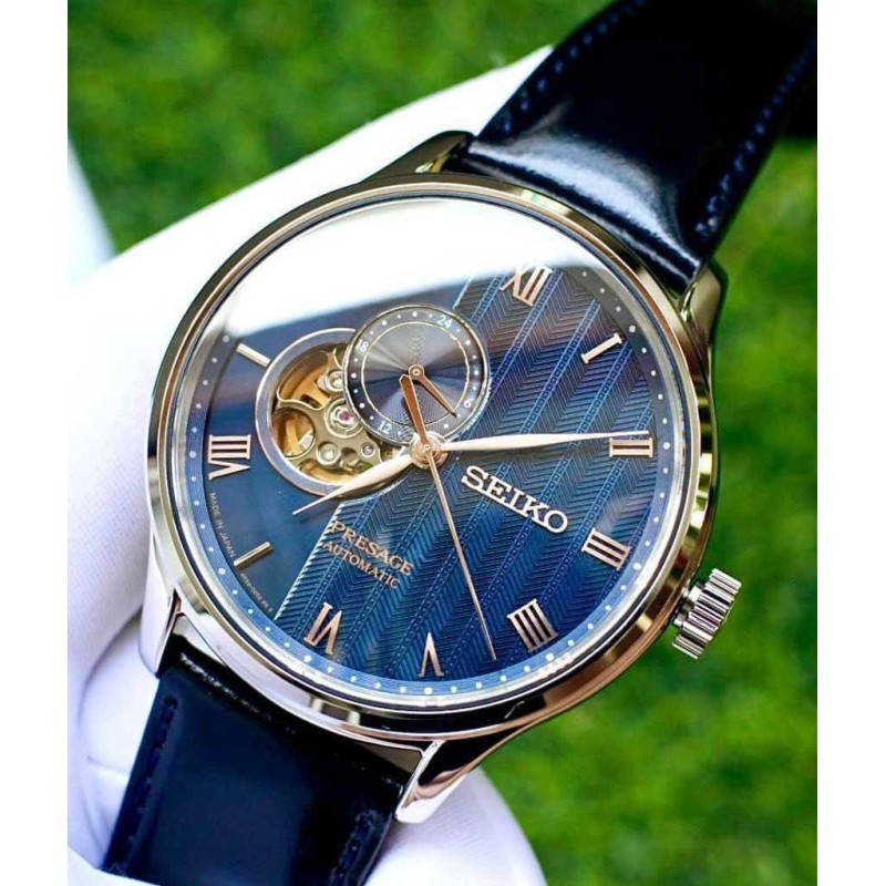 SEIKO Presage Japanese Zen Garden Sakura By Night Automatic Blue Leather Strap SSA421J1