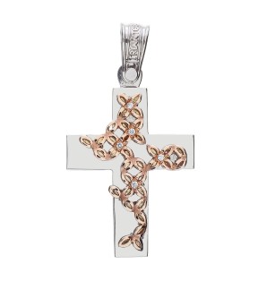 TRIANTOS Woman Cross Rose and White Gold 14Ct With White Zircon Stones